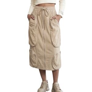 LOVE HIGHLIGHT Midi Cargo Skirt sz Small Khaki Zip Utility Pockets Stretch HS241